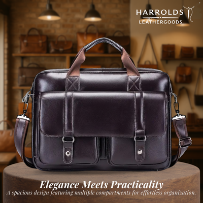 Sterling | Polished Leather Briefcase with Front Buckle Pockets