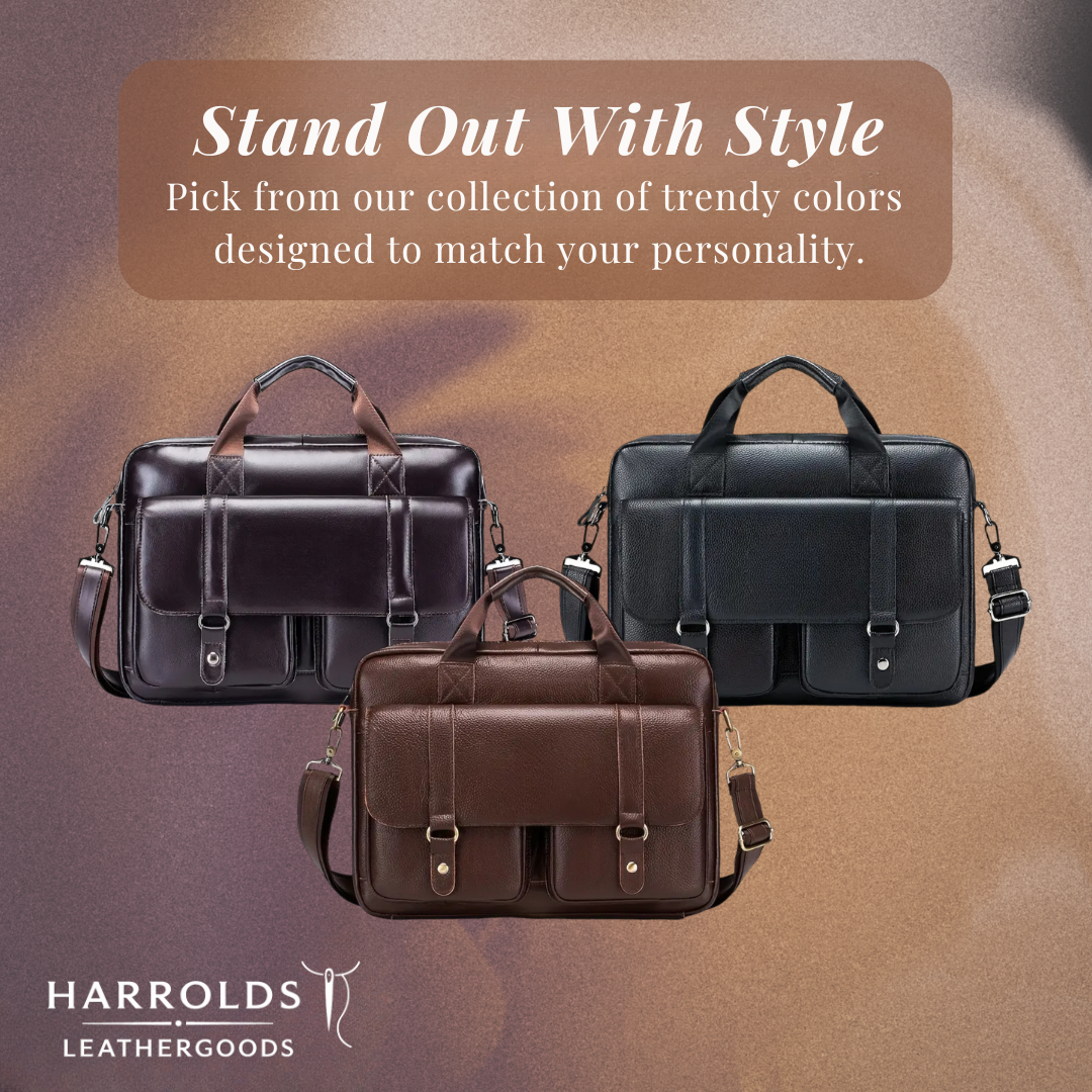 Sterling | Polished Leather Briefcase with Front Buckle Pockets