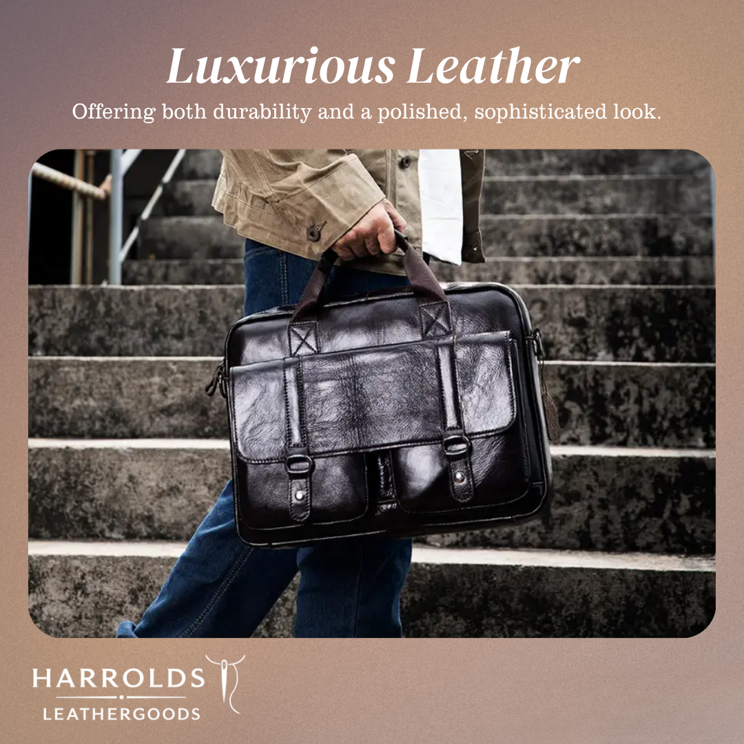 Sterling | Polished Leather Briefcase with Front Buckle Pockets