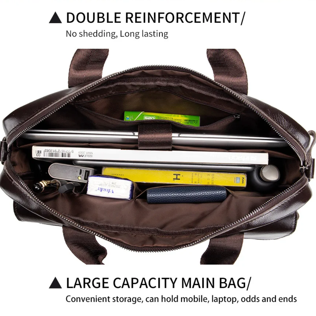 Sterling | Polished Leather Briefcase with Front Buckle Pockets