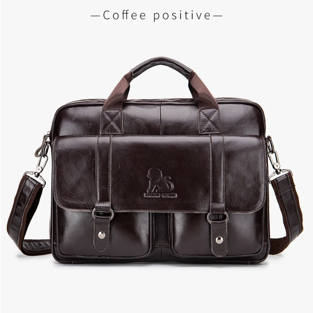 Sterling | Polished Leather Briefcase with Front Buckle Pockets